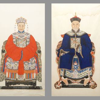 A pair of Chinese portraits of Mandarin officials on paper, 19th C.